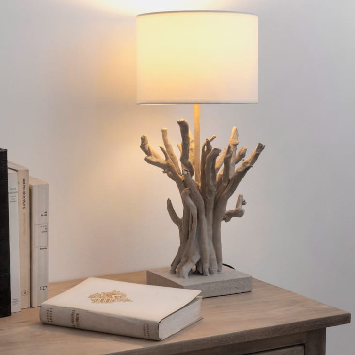Maisons Du Monde Saint Jouan - Lámpara De Imitación De Madera De Deriva Con Pantalla Blanca