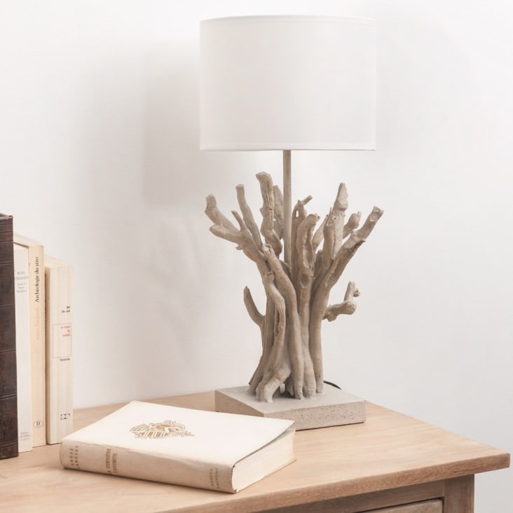 Maisons Du Monde Saint Jouan - Lámpara De Imitación De Madera De Deriva Con Pantalla Blanca