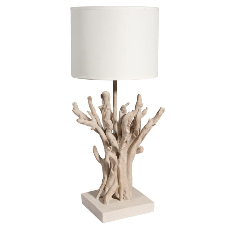 Maisons du Monde Saint Jouan - Lámpara de imitación de madera de deriva con pantalla blanca