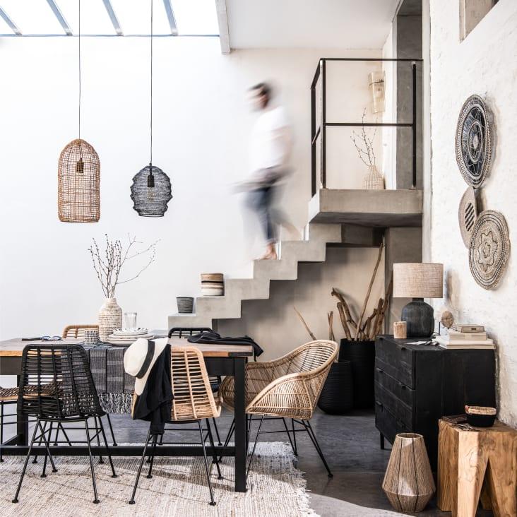 Maisons Du Monde Saveria - Lámpara De Cerámica Negra Con Pantalla De Yute