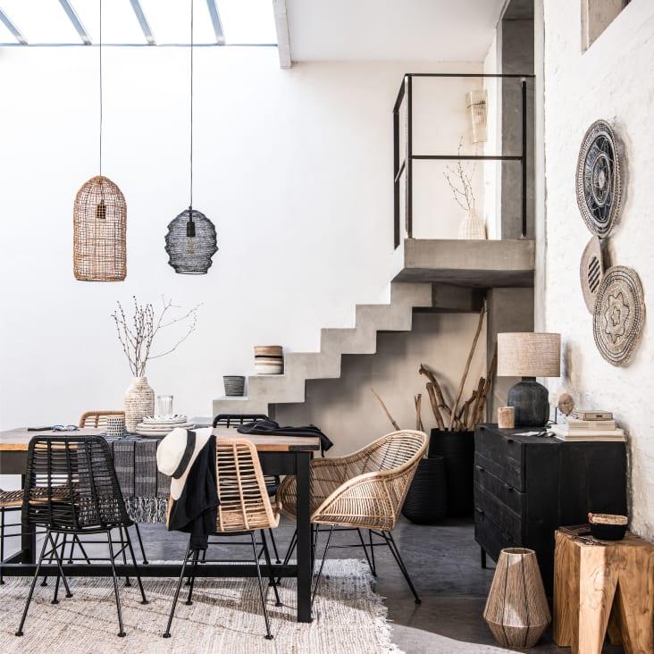 Maisons Du Monde Saveria - Lámpara De Cerámica Negra Con Pantalla De Yute