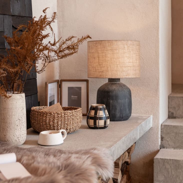 Maisons Du Monde Saveria - Lámpara De Cerámica Negra Con Pantalla De Yute