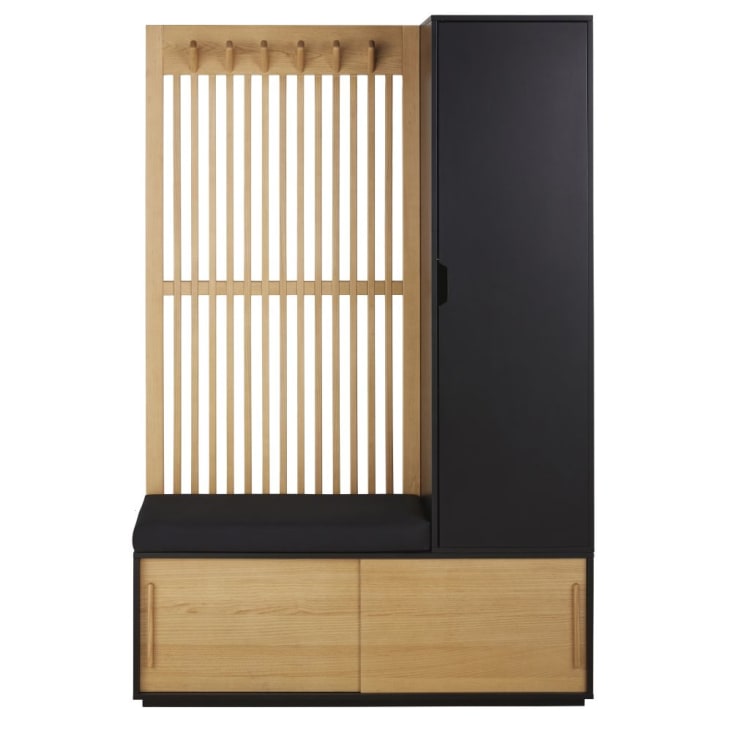 Maisons du Monde Scilo - Guardarropa con 3 puerta y perchero de madera de fresno gris antracita y negro