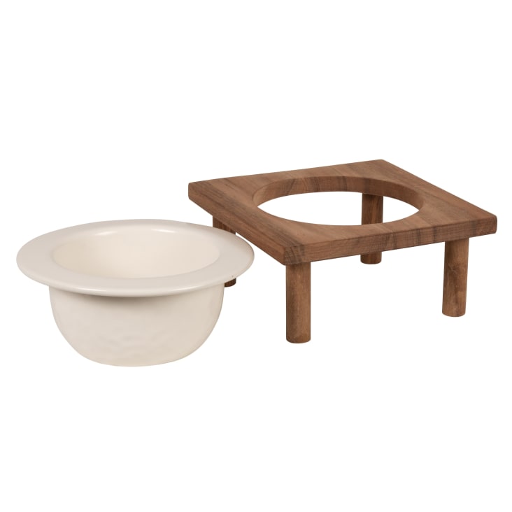Maisons Du Monde Selina - Comedero Para Mascotas De Gres Blanco Con Soporte De Madera De Acacia