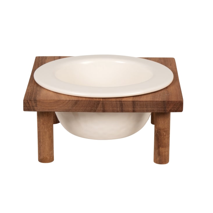 Maisons du Monde Selina - Comedero para mascotas de gres blanco con soporte de madera de acacia