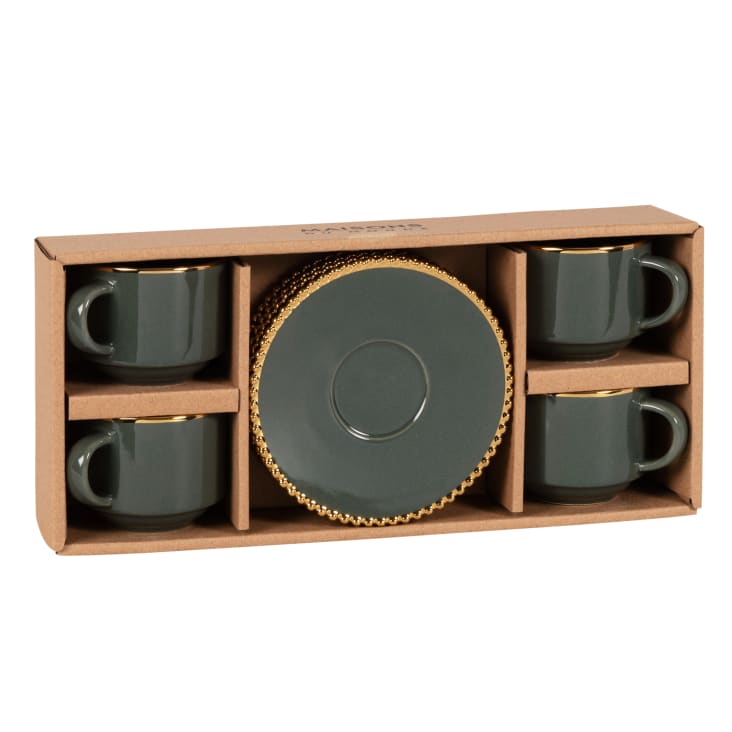 Maisons du Monde Serena - Juego de 4 tazas de gres verde con borde dorado
