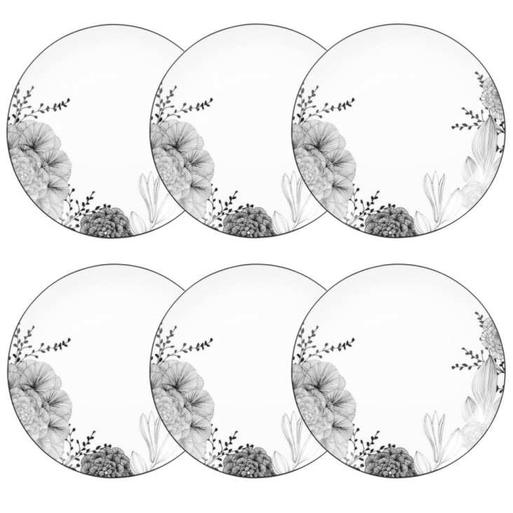 Maisons du Monde SHODO - Lote de 6 - Plato llano de porcelana blanca y negra con motivos