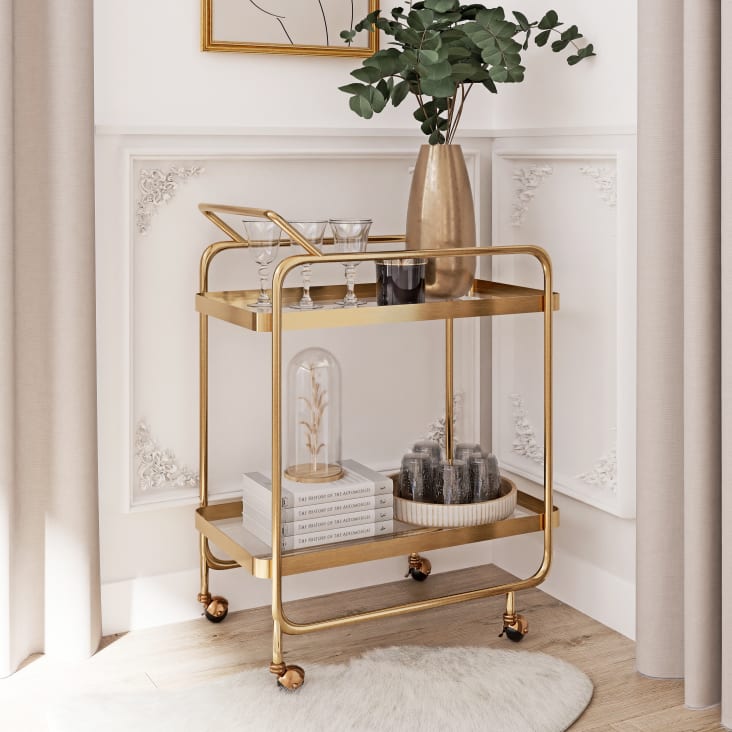 Maisons Du Monde SIENNE - Mesa Auxiliar De Metal Dorado Y Cristal Sobre Ruedas