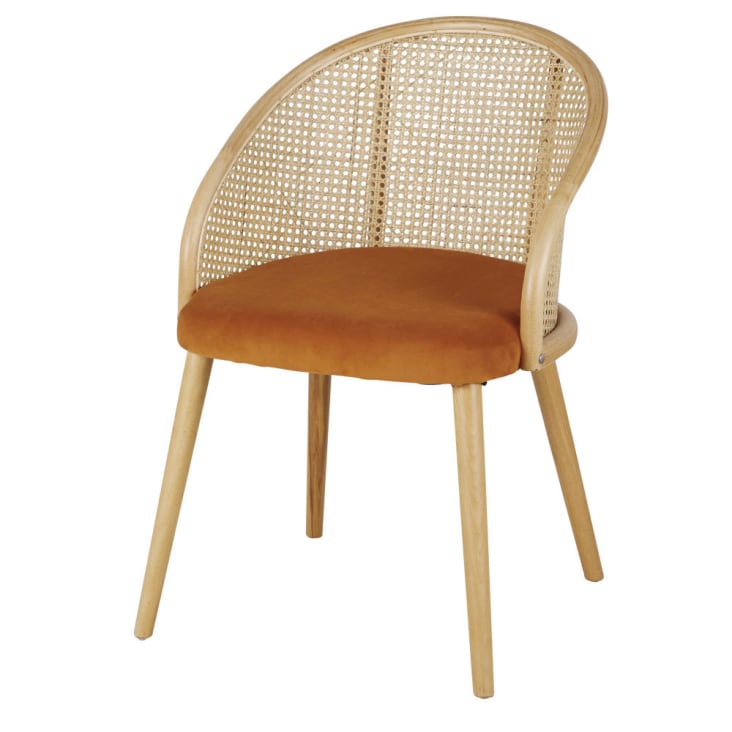 Maisons du Monde Sockette - Silla con reposabrazos de terciopelo marrón tostado y rejilla de mimbre en color natural