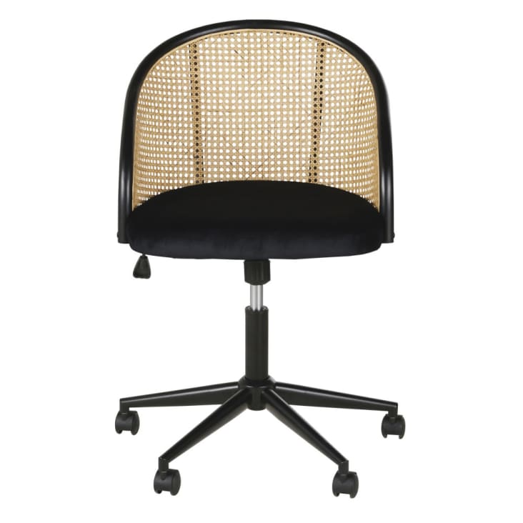 Maisons Du Monde Sockette - Silla De Oficina Con Ruedas De Terciopelo Negro Y Rejilla De Mimbre