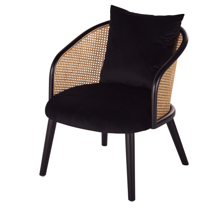 Maisons du Monde Sockette - Sillón de terciopelo negro con rejilla de mimbre