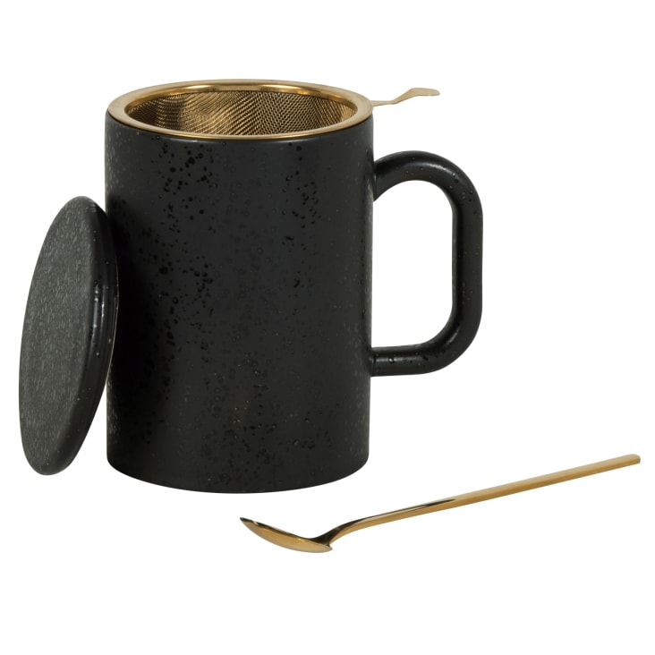 Maisons Du Monde Soho - Tetera De Gres Negro Con Filtro Y Cuchara De Acero Inoxidable Dorado