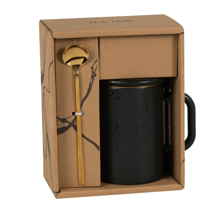 Maisons du Monde Soho - Tetera de gres negro con filtro y cuchara de acero inoxidable dorado