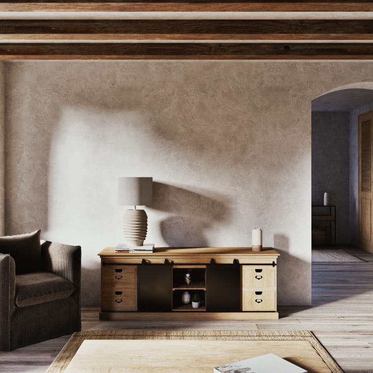 Maisons Du Monde Sorelle - Lámpara De Mesa De Madera Clara Con Pantalla Beige
