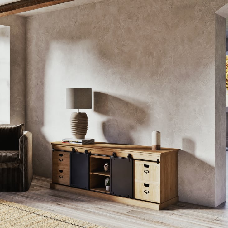 Maisons Du Monde Sorelle - Lámpara De Mesa De Madera Clara Con Pantalla Beige