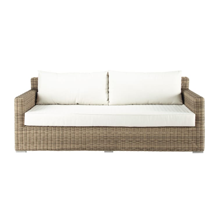 Maisons du Monde St Raphaël - Sofá de jardín de 3 plazas de resina tejida reciclada gris y poliéster reciclado crudo