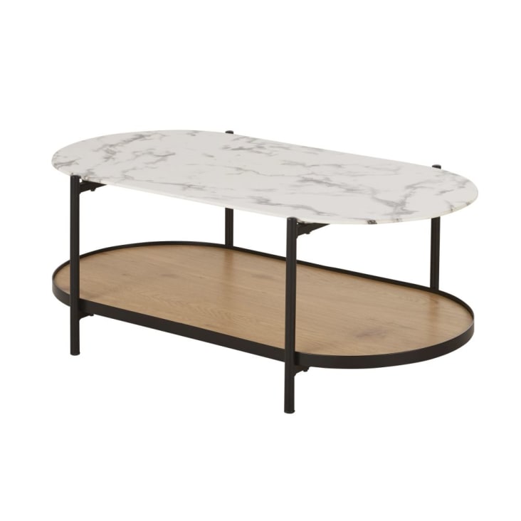 Maisons Du Monde Stona - Mesa Baja De Vidrio Templado Imitación Mármol Y Metal Negro De 110 Cm