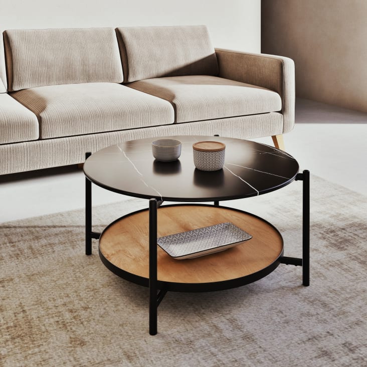 Maisons Du Monde Stona - Mesa De Centro De Cristal Templado Con Efecto Mármol Negro