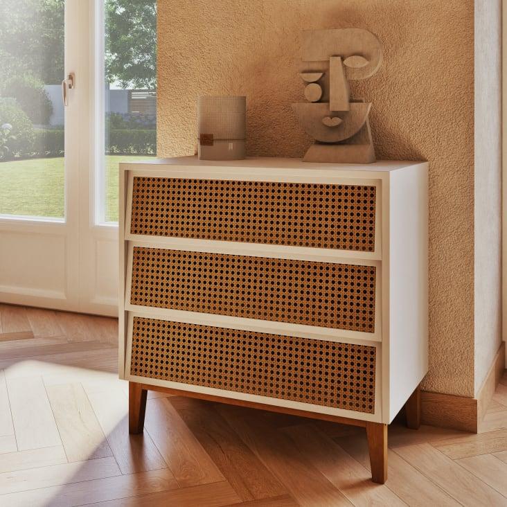 Maisons Du Monde Suzelle - Cómoda Blanca Con 3 Cajones De Rejilla De Ratán