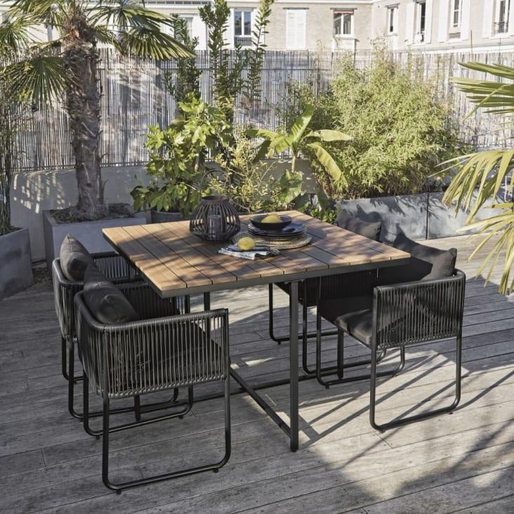 Maisons Du Monde Swann - Mesa De Jardín De Composite De Imitación à Teca Para 4 Personas L. 110 Y Sillones (x4) De Resina Negra