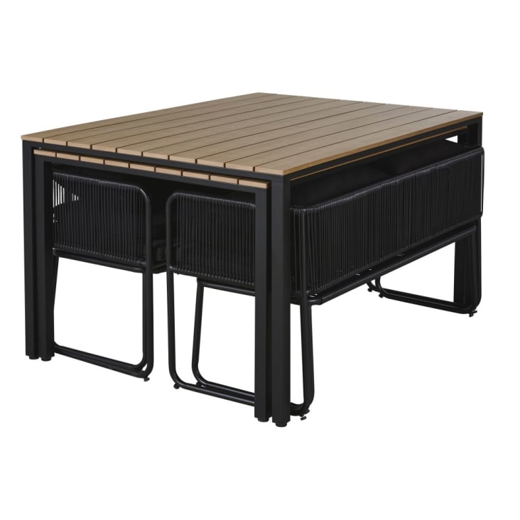 Maisons Du Monde Swann - Mesas Para 4 Personas (x2) En Compuesto Efecto Teca Y Bancos (x4) De Resina Negra