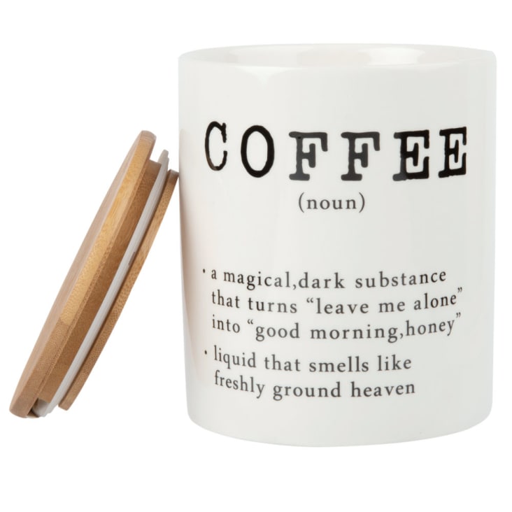 Maisons Du Monde Tarro De Porcelana Blanca Con Letras Estampadas Negras Y Tapa De Bambú
