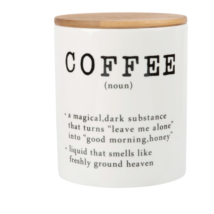 Maisons du Monde Tarro de porcelana blanca con letras estampadas negras y tapa de bambú