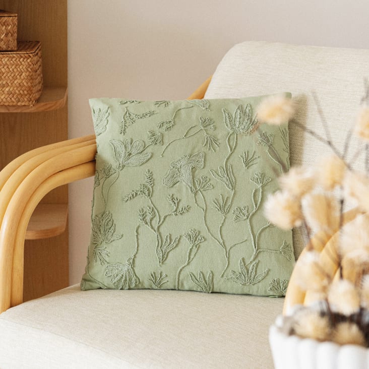 Maisons Du Monde Tayma - Funda De Cojín De Algodón Verde Salvia Con Bordado Floral 40x40 Cm