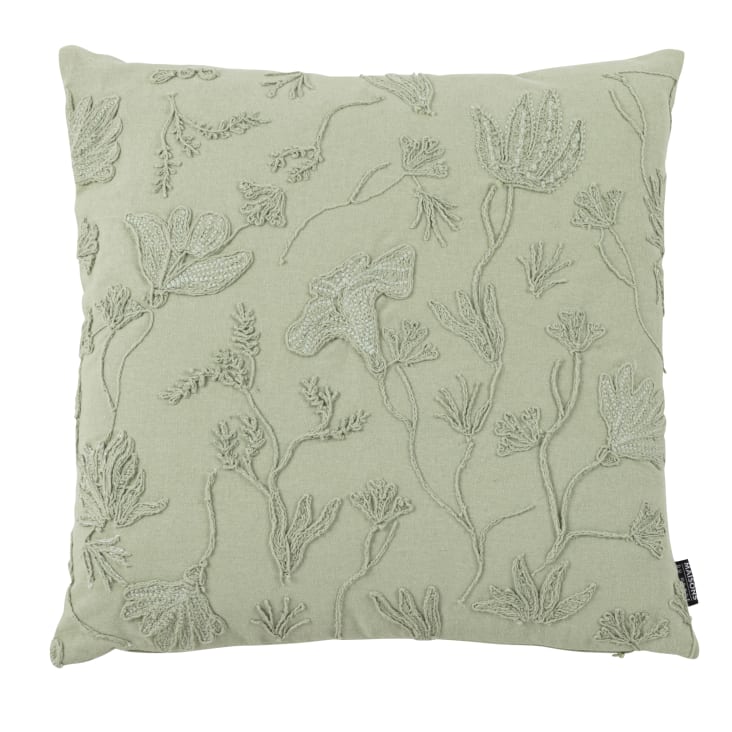 Maisons du Monde Tayma - Funda de cojín de algodón verde salvia con bordado floral 40x40 cm