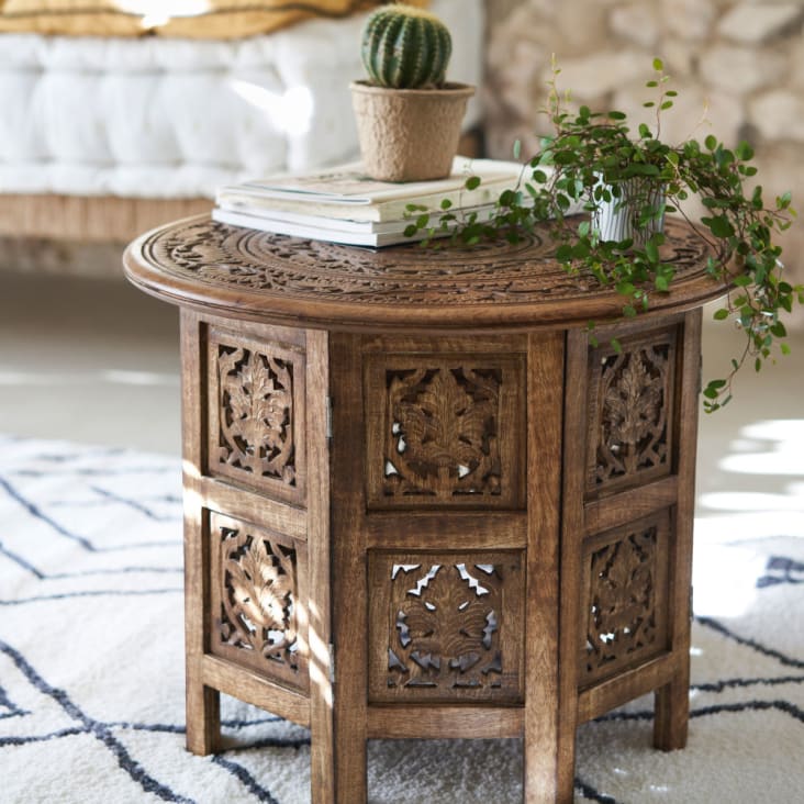 Maisons Du Monde TAZAA - Mesa Auxiliar De Madera De Mango Tallada Marrón