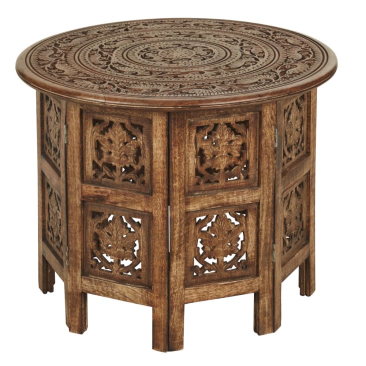 Maisons du Monde TAZAA - Mesa auxiliar de madera de mango tallada marrón