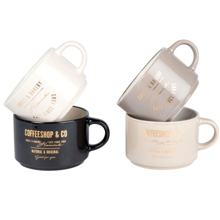 Maisons Du Monde Tazas De Cerámica De Color Negro Crema Y Beige (x4) Con Soporte De Metal