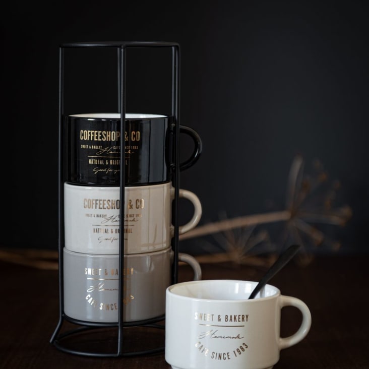 Maisons Du Monde Tazas De Cerámica De Color Negro Crema Y Beige (x4) Con Soporte De Metal
