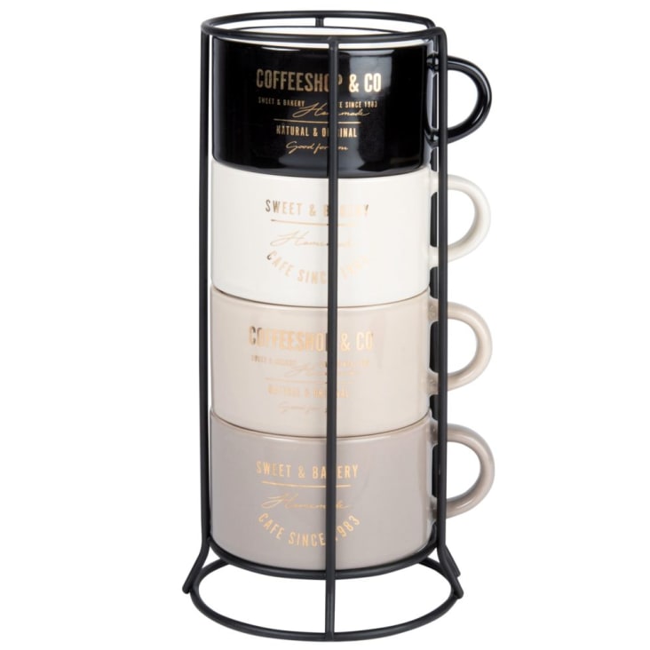 Maisons du Monde Tazas de cerámica de color negro crema y beige (x4) con soporte de metal