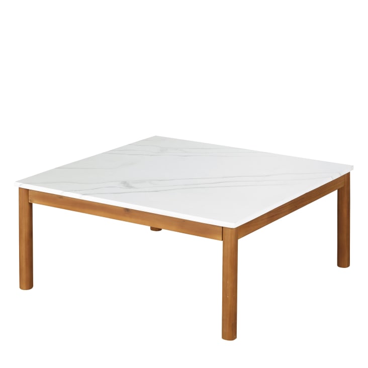 Maisons Du Monde Ternino - Mesa Baja De Exterior De Compuesto Efecto Mármol Blanco Y Madera De Acacia