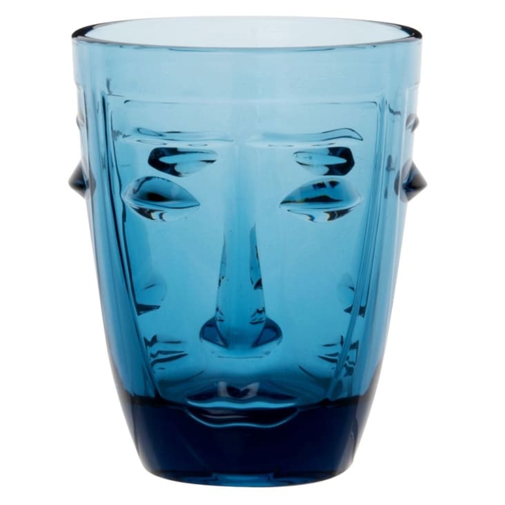 Maisons Du Monde TIKI - Lote De 6 - Vaso Con Motivo De Rostro De Cristal Tintado Azul