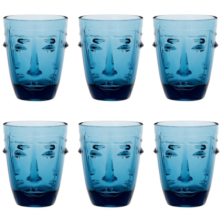 Maisons du Monde TIKI - Lote de 6 - Vaso con motivo de rostro de cristal tintado azul