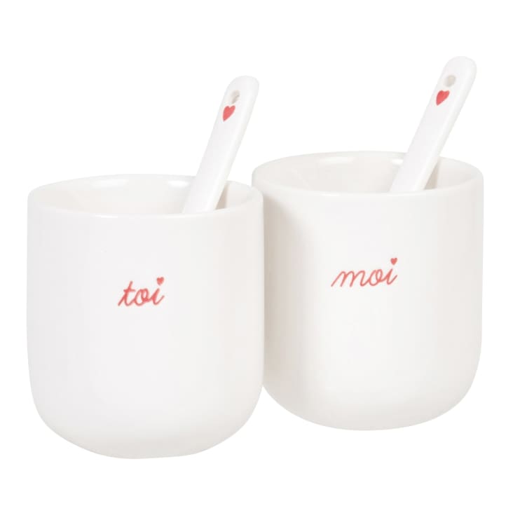 Maisons Du Monde TOI & MOI - Juego De Tazas De Cerámica Blanca Con Inscripciones Rojas (x2) Y Cucharas