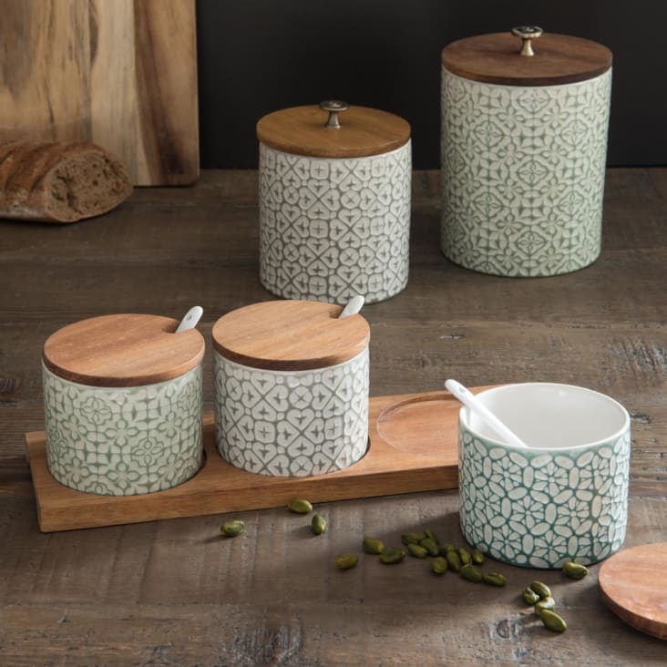 Maisons Du Monde TRIBU - Frasco De Cerámica Blanca Con Motivos Verdes