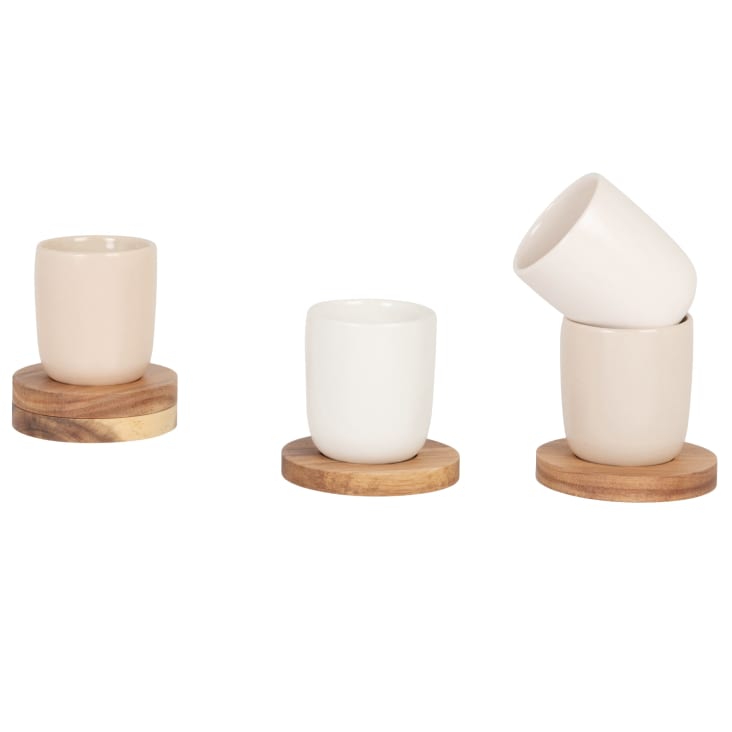 Maisons Du Monde TUZ - Juego De Tazas De Gres Blanco Y Beige (x4) Platitos Madera De Acacia