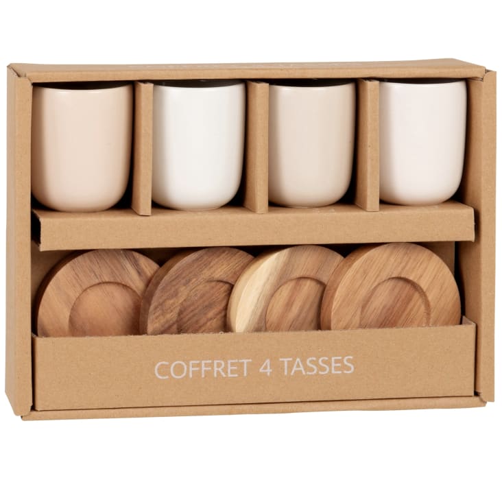Maisons du Monde TUZ - Juego de tazas de gres blanco y beige (x4) platitos madera de acacia