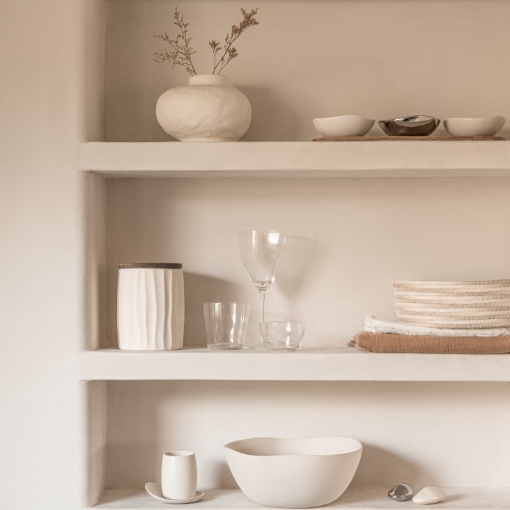 Maisons Du Monde TUZ - Tarro De Gres Blanco Con Tapa De Madera De Acacia Alt. 16