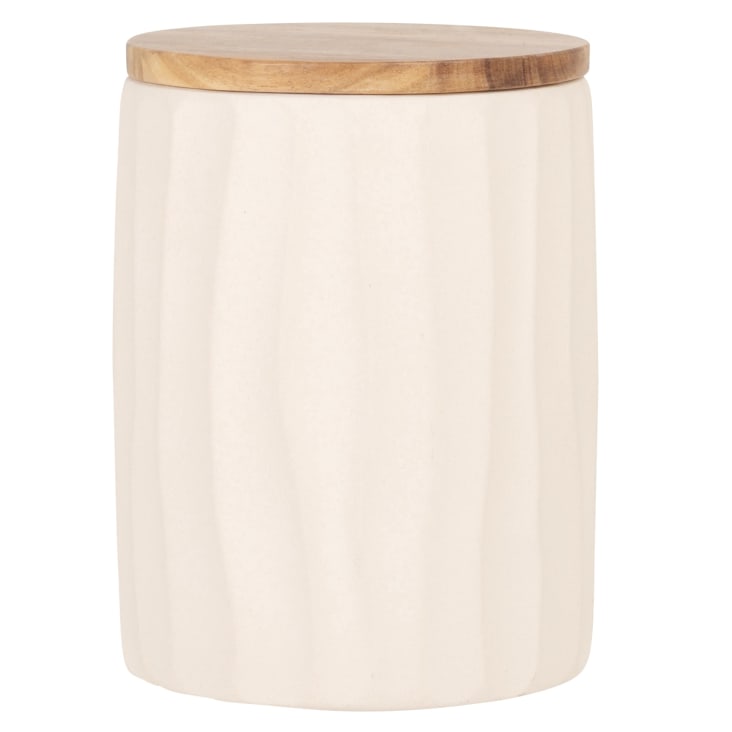Maisons du Monde TUZ - Tarro de gres blanco con tapa de madera de acacia Alt. 16