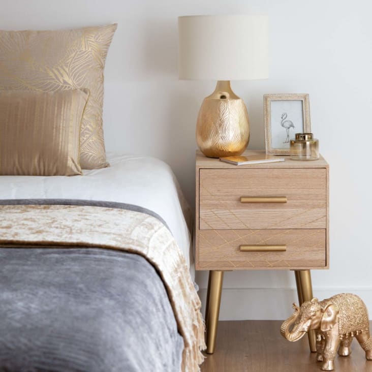 Maisons Du Monde UBUD - Mesita De Noche De 2 Cajones Con Tiradores Dorados