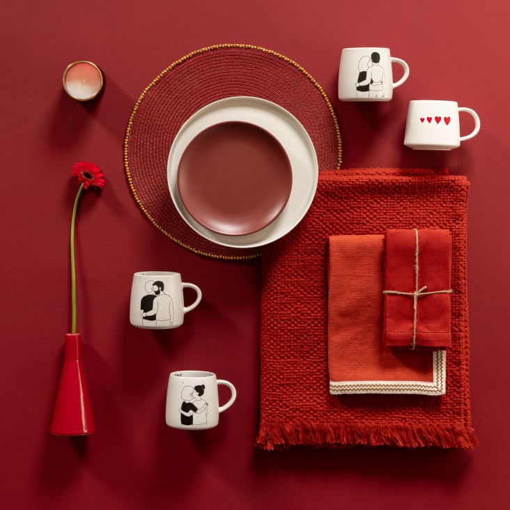 Maisons Du Monde VALENTINE - Lote De 2 - Taza De Gres Blanco Con Motivos De Corazones Rojos