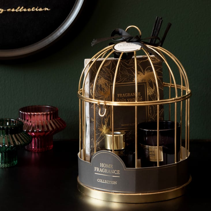 Maisons Du Monde VIENNE - Difusor De Cristal Bolsitas Y Vela Perfumadas (45g) Con Soporte De Jaula De Metal Dorado