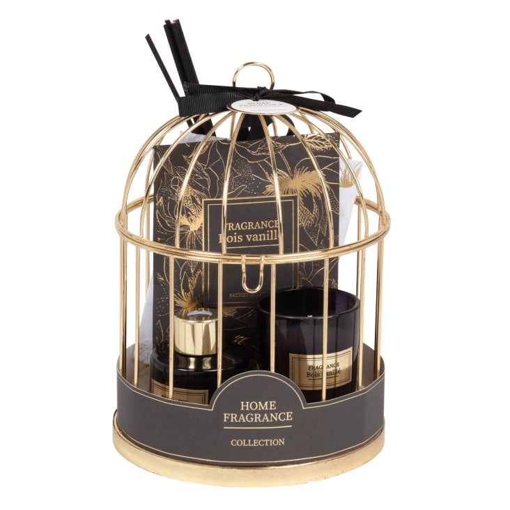 Maisons du Monde VIENNE - Difusor de cristal bolsitas y vela perfumadas (45g) con soporte de jaula de metal dorado