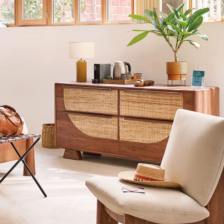 Maisons Du Monde VIGO - Lámpara Cerámica Estriada Amarillo Mostaza Y Pantalla Poliéster Reciclado Crudo