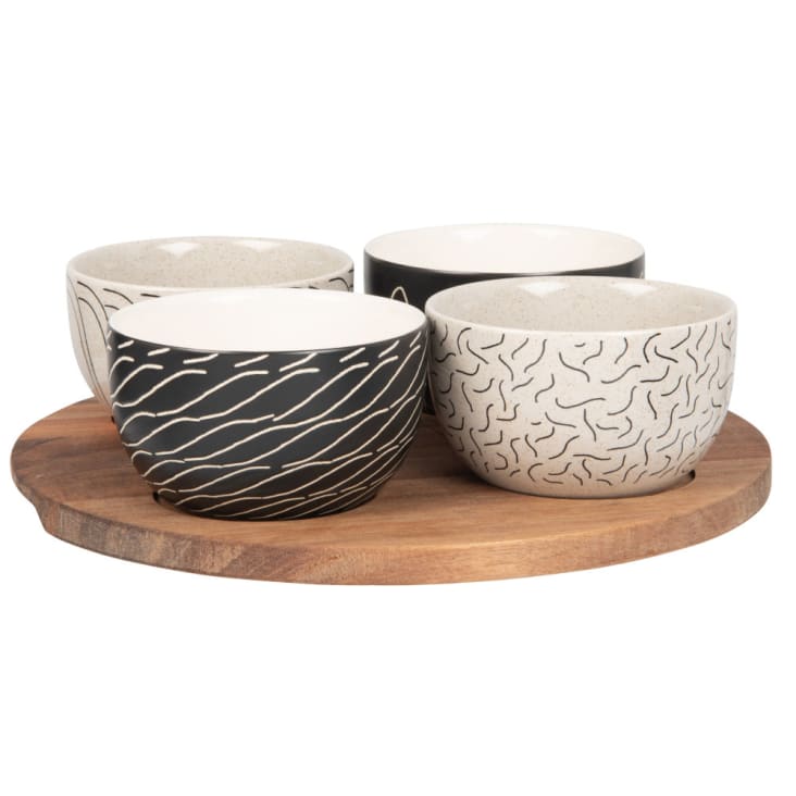 Maisons Du Monde VISBY - Cuencos Aperitivo Cerámica Motivo Gráfico Negro/beige (x4) Y Plato De Acacia