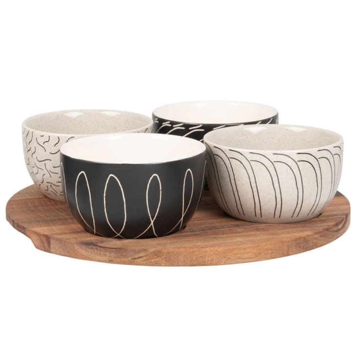 Maisons du Monde VISBY - Cuencos aperitivo cerámica motivo gráfico negro/beige (x4) y plato de acacia